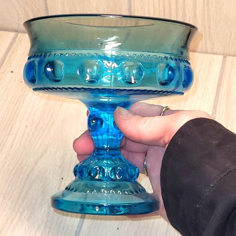 Vintage Indiana Glass Aqua Blue King Crown Thumbprint Candy Dish Blue